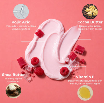 Brown Butters Raspberry Popsicle Body Butter pink smear on coral with kojic acid, cocoa and shea butter callouts