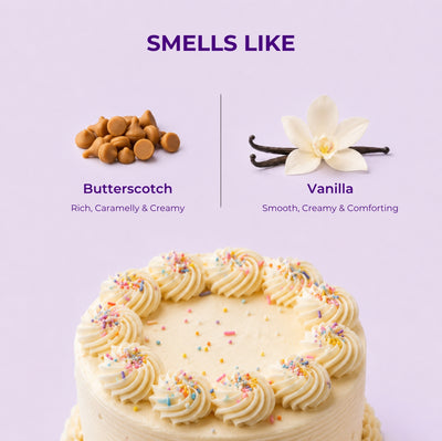Brown Butters Birthday Cake Body Oil smells like card with butterscotch, vanilla and a cream cake on lavender