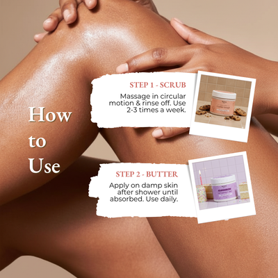 Brown Butters Cookies & Cream Duo how to use steps for the Cookie Dough scrub and Birthday Cake butter