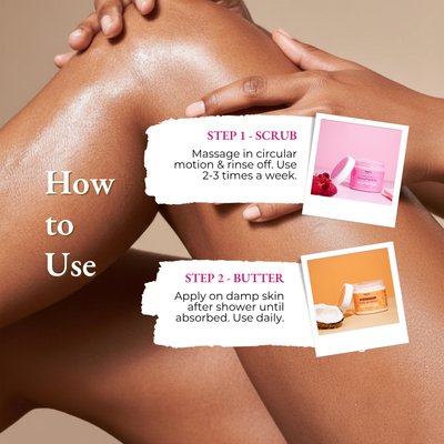 Brown Butters Tropical Vibes Duo how to use steps for the Berry Popsicle scrub and Tropical Sunset butter