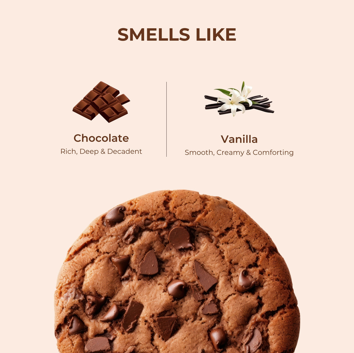 Brown Butters Chocolate Cookie Body Oil smells like card with a chocolate chip cookie, chocolate and vanilla