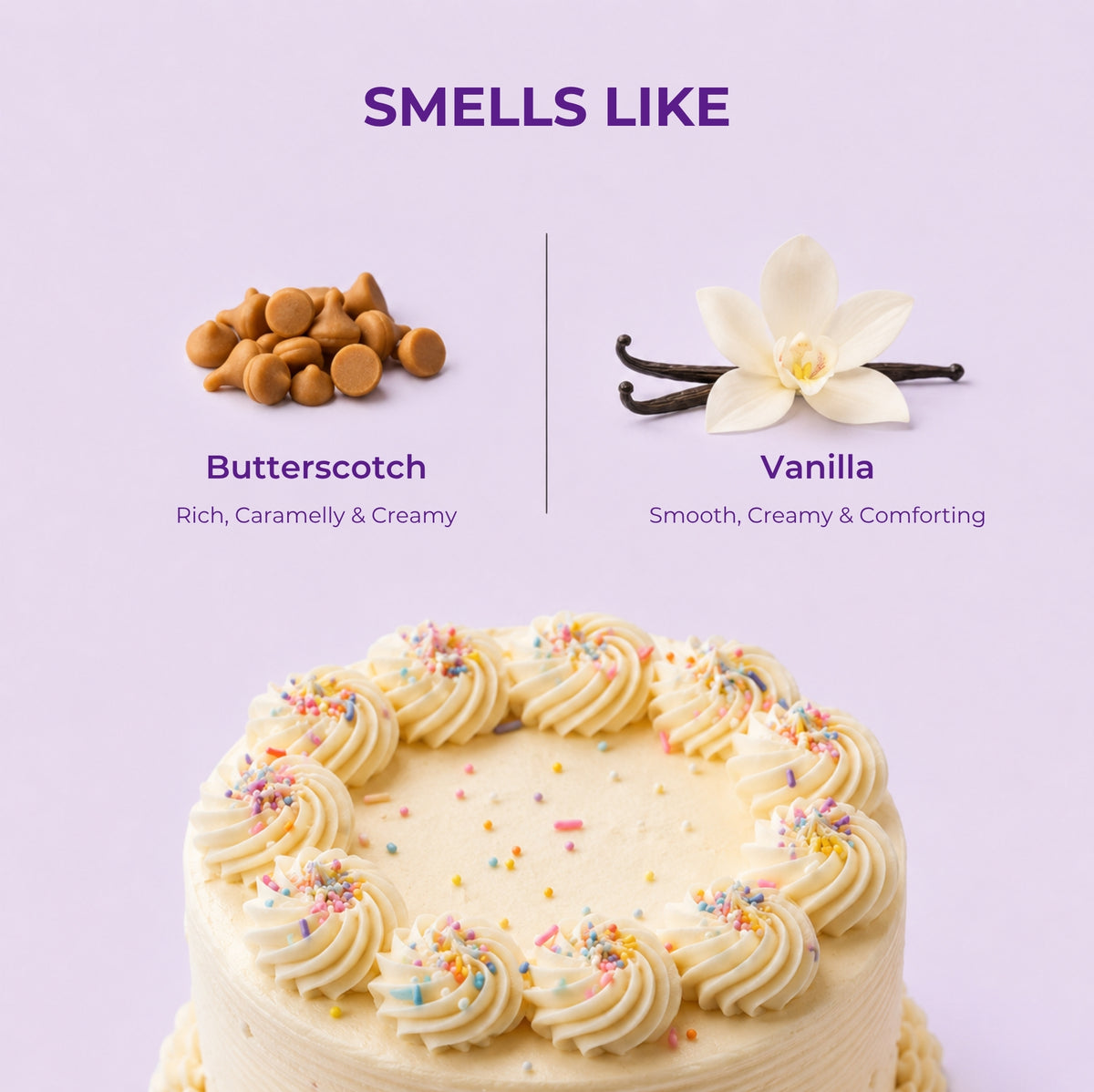 Brown Butters Birthday Cake duo smells like card: butterscotch and vanilla notes above a frosted cake.