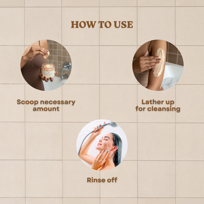 Brown Butters Butterscotch Pudding Whipped Soap how to use steps: scoop, lather up, rinse off