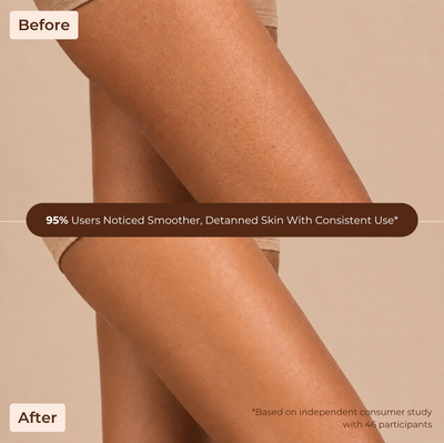 Brown Butters The Holidays Trio before and after legs showing smoother detanned skin