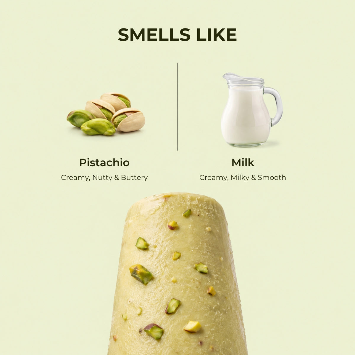Brown Butters Pista Kulfi Whipped Soap smells like card with pistachio and milk notes on pale green