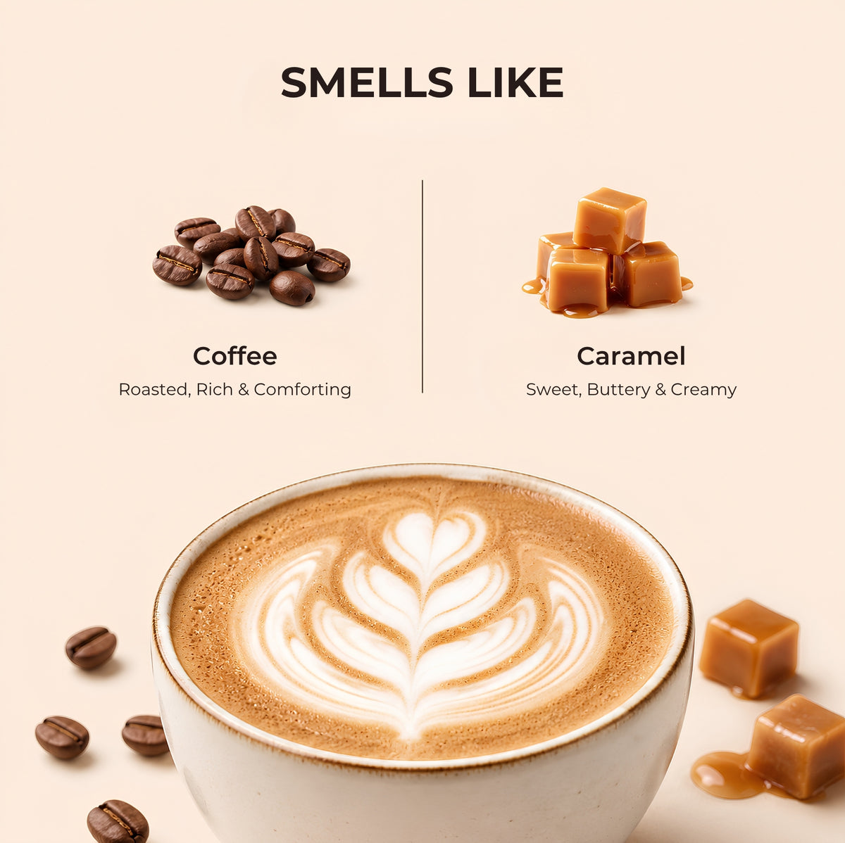 Brown Butters Caramel Latte Body Oil smells like card with heart latte art, coffee beans and caramel cubes