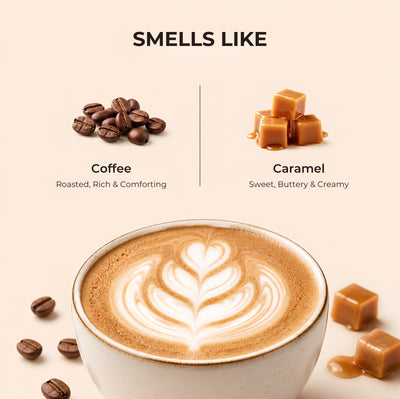Brown Butters Caramel Latte Body Oil smells like card with heart latte art, coffee beans and caramel cubes