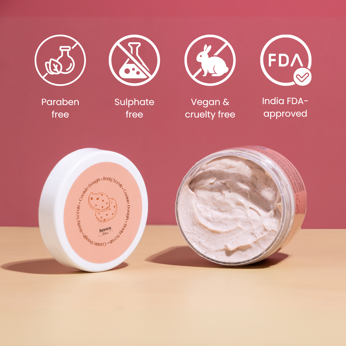 Brown Butters Cookie Dough Body Scrub with paraben free, sulphate free, vegan and FDA approved badges