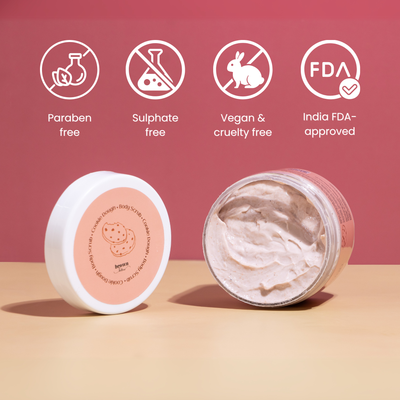 Brown Butters Cookie Dough Body Scrub with paraben free, sulphate free, vegan and FDA approved badges