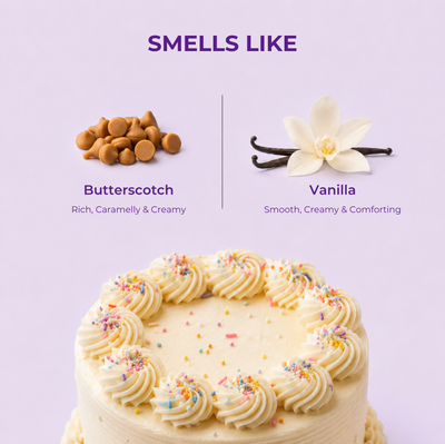 Brown Butters Birthday Cake Trio scent callout with butterscotch and vanilla beside a cake