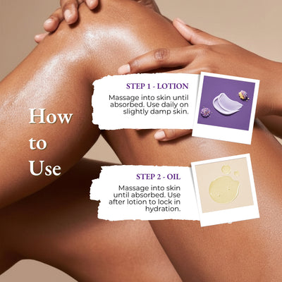 Brown Butters Birthday Cake duo how to use card: step 1 lotion, step 2 oil massaged into legs.