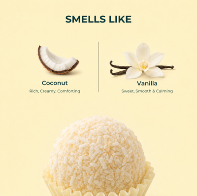 Brown Butters Coconut Truffle Trio scent callout with coconut and vanilla beside a truffle