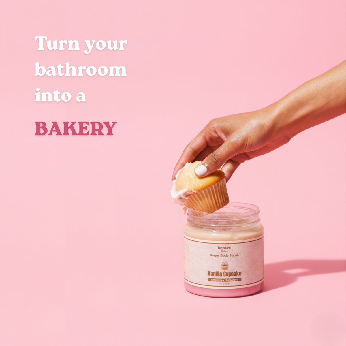 Brown Butters Vanilla Cupcake Sugar Body Scrub jar topped with a cupcake, bathroom turned into a bakery