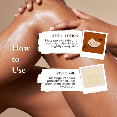 Brown Butters Caramel Latte duo how to use card: lotion and oil steps shown over legs on warm beige.