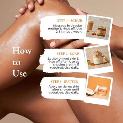 Brown Butters Tropical Vacation Trio how to use steps for the scrub, soap and body butter