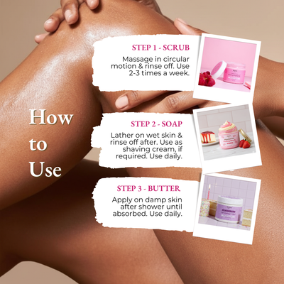 Brown Butters Berries & Cream Trio how to use steps for the scrub, soap and body butter