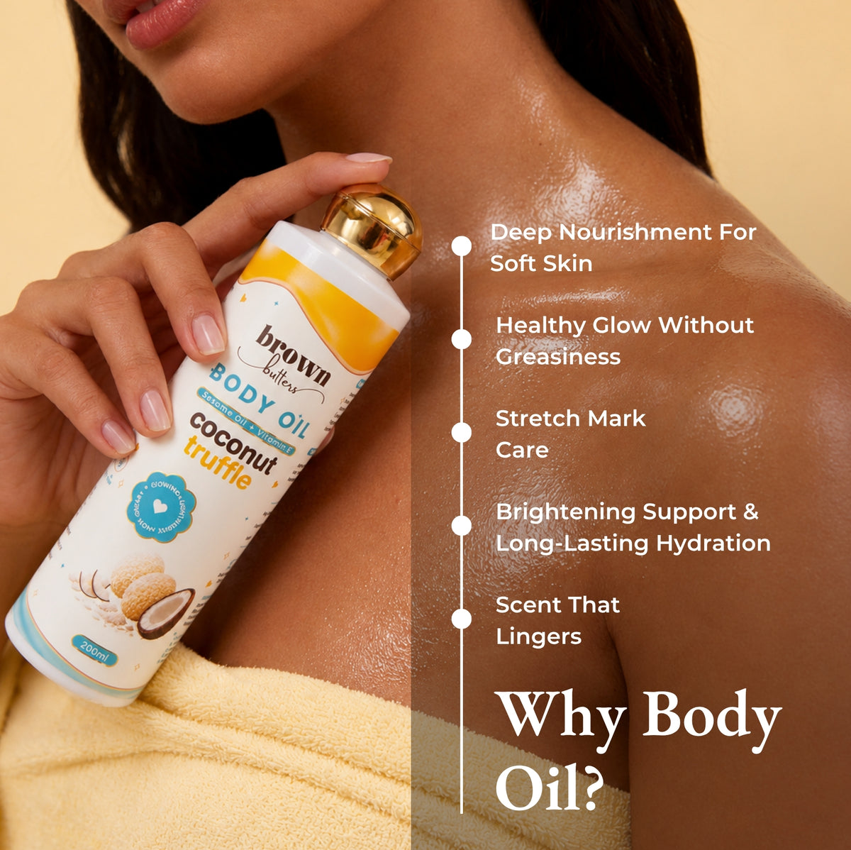 Brown Butters Coconut Truffle body oil held by a woman showing her moisturised shoulder, with oil benefits.