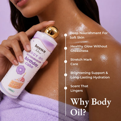 Brown Butters Birthday Cake body oil held against lavender, with nourishment and brightening benefits.