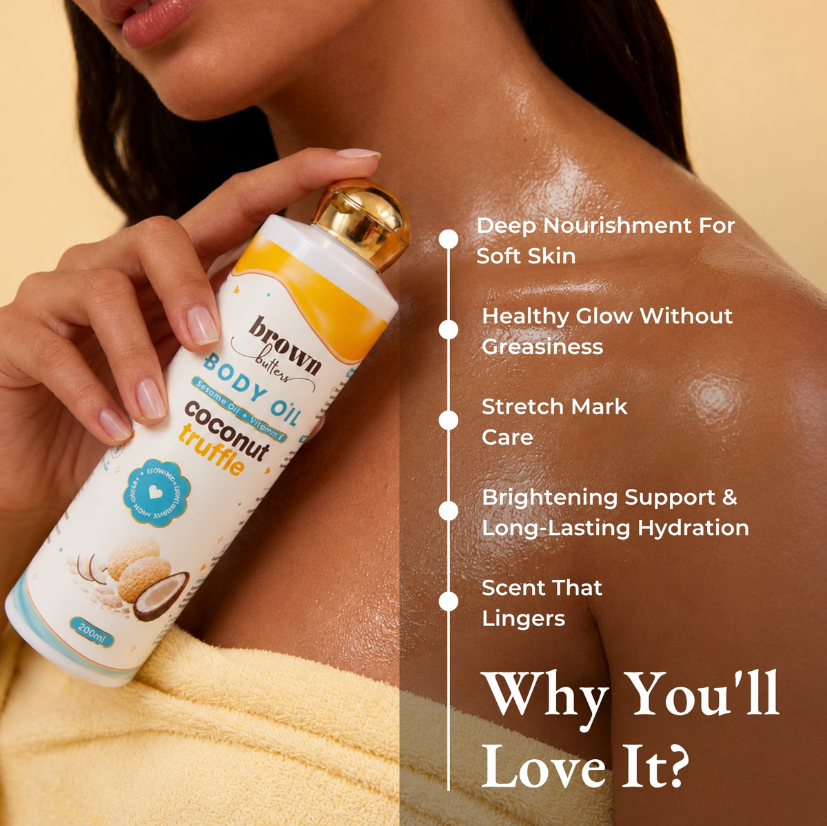 Brown Butters Coconut Truffle Body Oil bottle held by a woman with bare shoulder, beside benefits text
