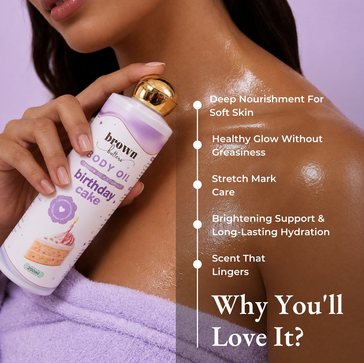 Brown Butters Birthday Cake Body Oil bottle held at a womans shoulder, purple benefits text beside her
