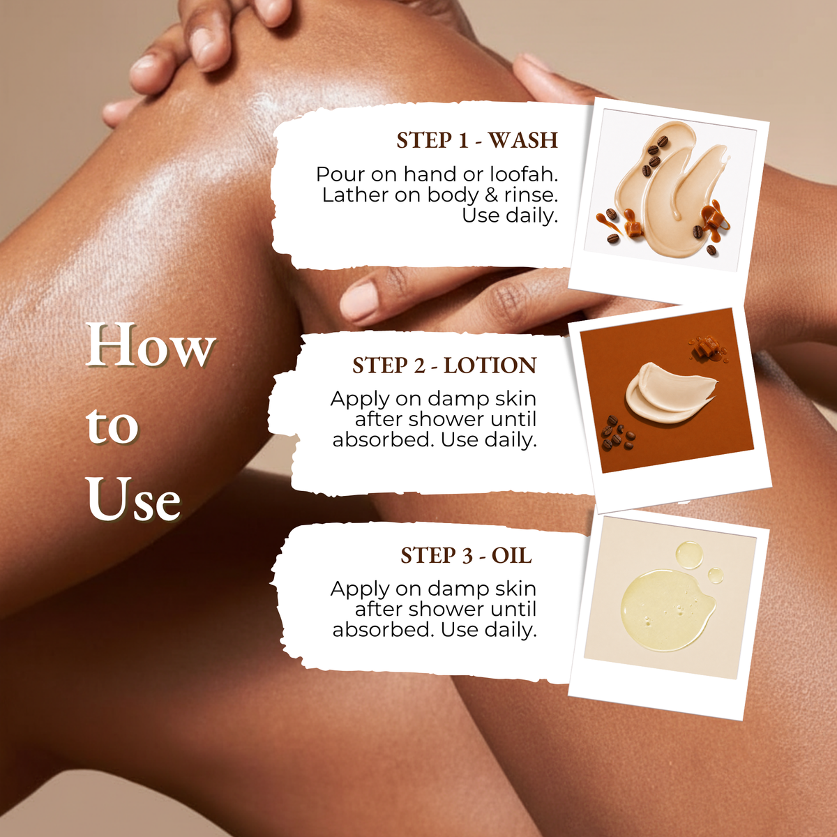 Brown Butters Caramel Latte Trio how to use steps for the wash, lotion and oil