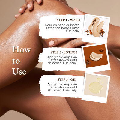 Brown Butters Caramel Latte Trio how to use steps for the wash, lotion and oil