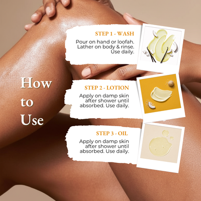 Brown Butters Coconut Truffle Trio how to use steps for the wash, lotion and oil