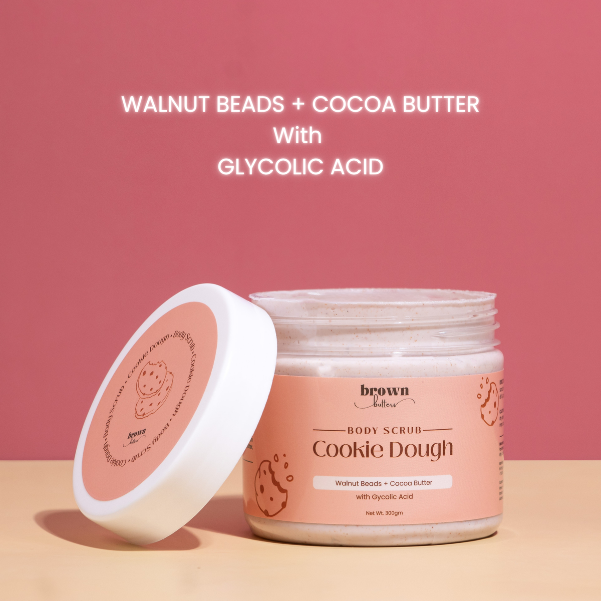 Brown Butters Cookie Dough Body Scrub ingredient callout: walnut beads, cocoa butter and glycolic acid