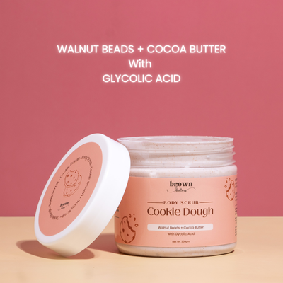 Brown Butters Cookie Dough Body Scrub ingredient callout: walnut beads, cocoa butter and glycolic acid
