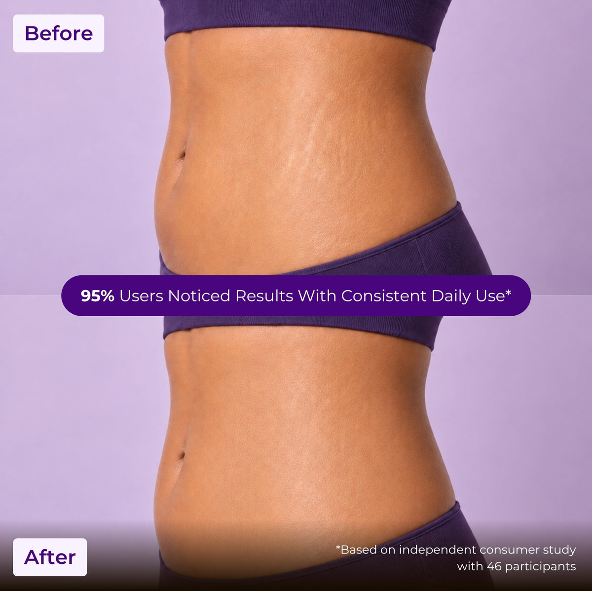 Brown Butters Birthday Cake Body Oil before and after of a midsection in a purple sports bra on lavender