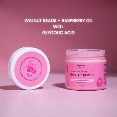 Brown Butters Berry Popsicle Body Scrub ingredient callout: walnut beads, raspberry oil and glycolic acid