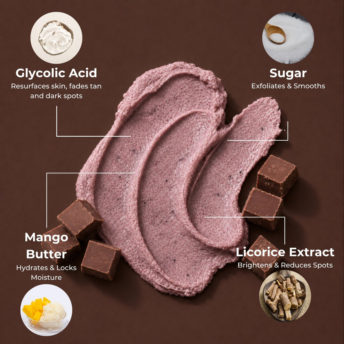 Brown Butters Chocolate Cookie Body Scrub brown smear on dark brown with glycolic acid, sugar and mango butter