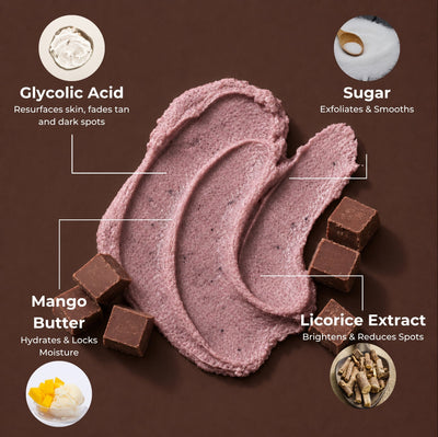 Brown Butters Chocolate Cookie Body Scrub brown smear on dark brown with glycolic acid, sugar and mango butter