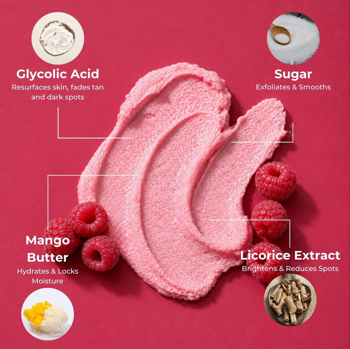 Brown Butters Raspberry Popsicle Body Scrub swatch with raspberries and glycolic acid, sugar, mango butter labels