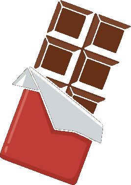 A stylized chocolate bar with a red wrapper and white paper peeling back, shown on a plain white background.