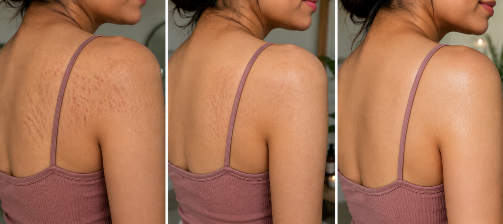 Brown Butters body oil results: the same skin before, during and after regular use